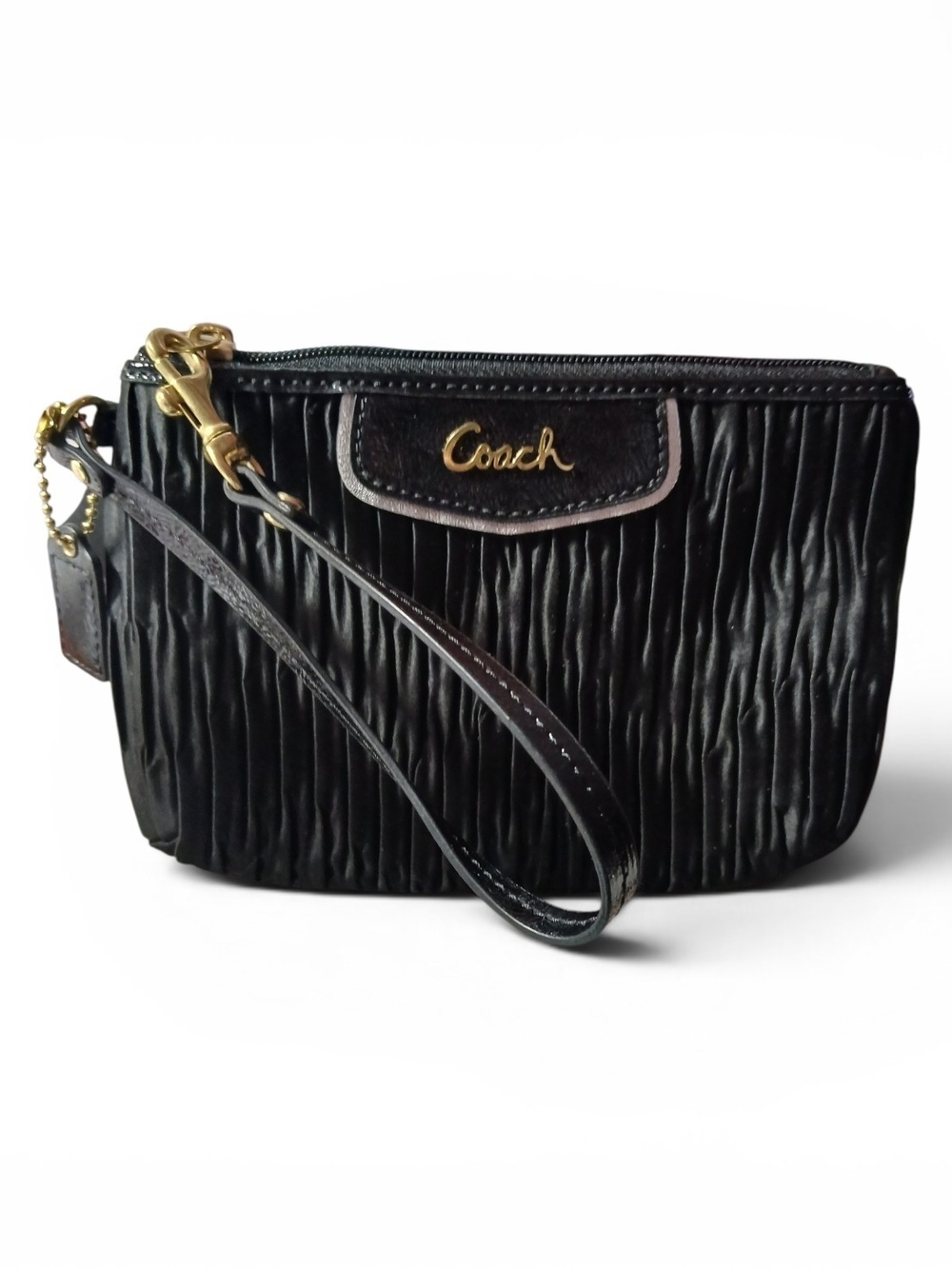 Coach Black Ruched Leather Wristlet with Gold Hardware